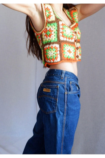 1970s Vintage Handmade Crochet Granny Square Vest – Bold Colors, Boho Style, Small