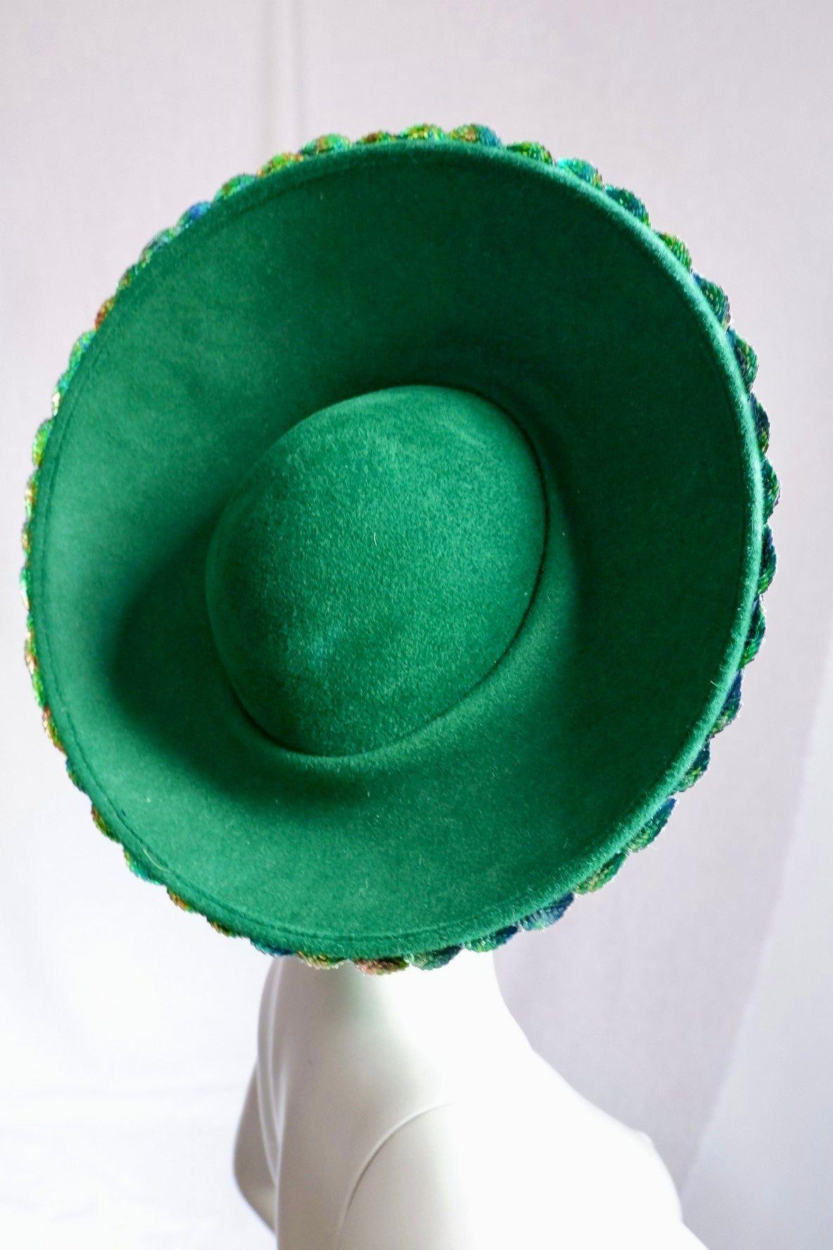 Vintage George Zamau’l Beaded Hat – Iridescent Green Feathers & Rhinestone Trim

