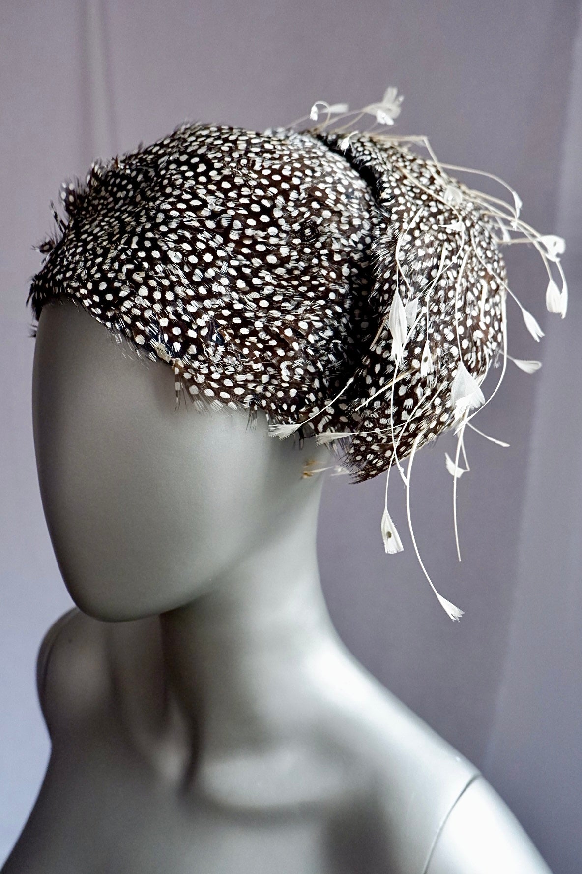 Vintage Jack McConnell Red Feather Hat – Guinea Feather Shell with Sculpted Quill Sprays