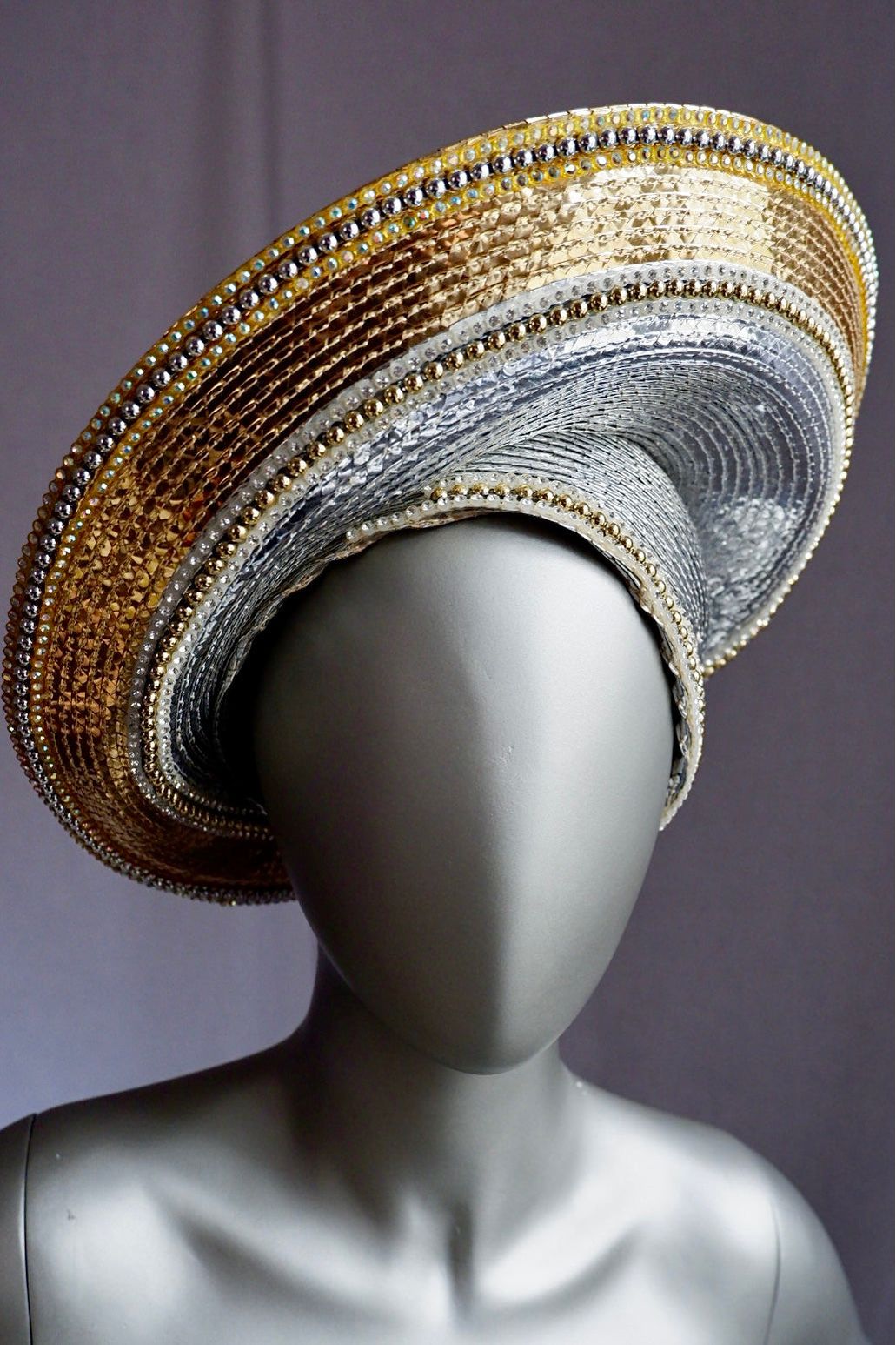 Vintage Jack McConnell Couture Red Feather Hat – Layered Metallic Straw with Rhinestone Detail

