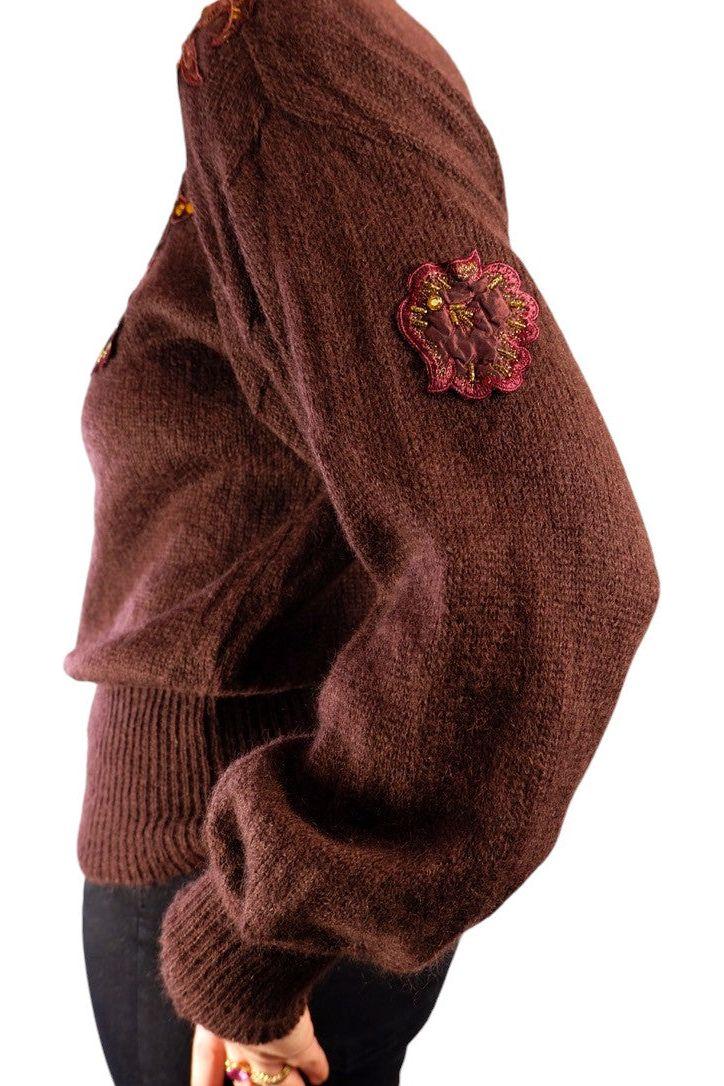 1980s Vintage Escada Deep Purple-Brown Wool Sweater with Velvet Appliqué and Beading