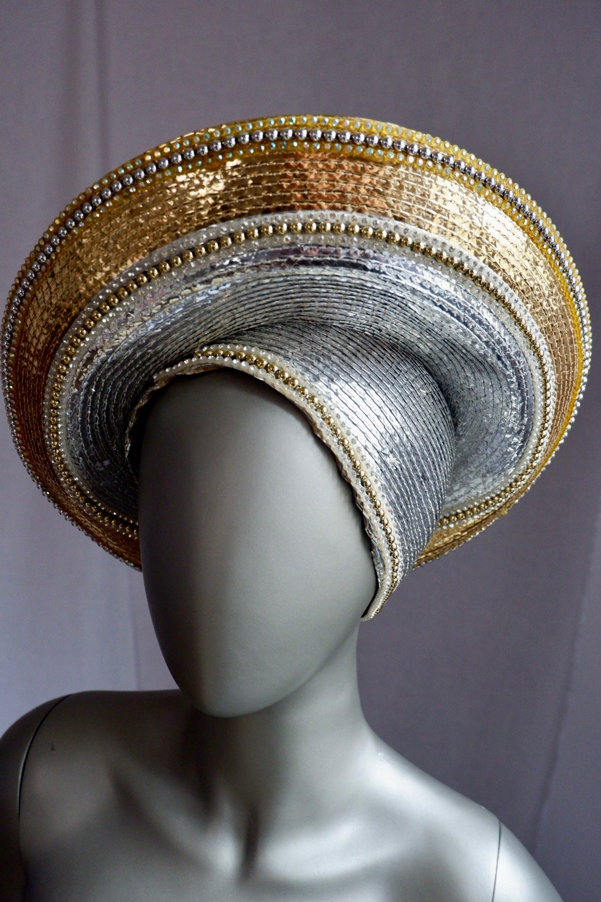 Vintage Jack McConnell Couture Red Feather Hat – Layered Metallic Straw with Rhinestone Detail

