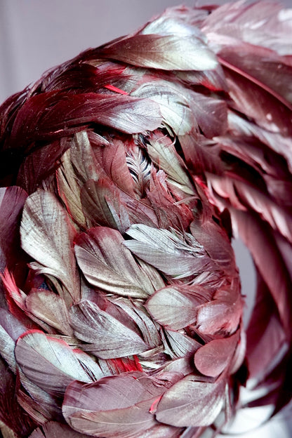Vintage Jack McConnell Feathered Avant-Garde Hat – Garnet Coque & Goose Plumage with Signature Red Feather
