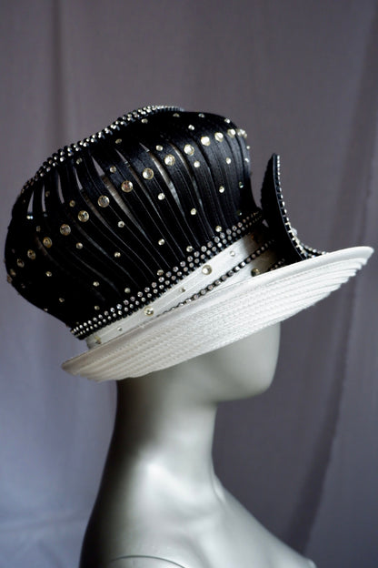 Vintage Elite Champagne Dramatic Ribbon Crown Hat – Rhinestone Embellishments & Oversized Crystal Bloom