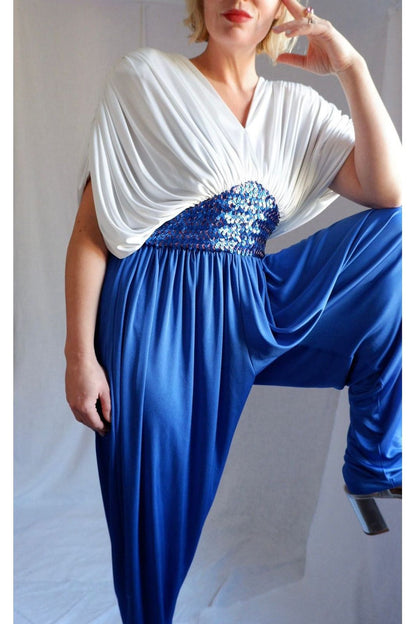 1970s/80s Draped Sequin Jumpsuit – Studio 54 Meets Goddess Glam L-XXL