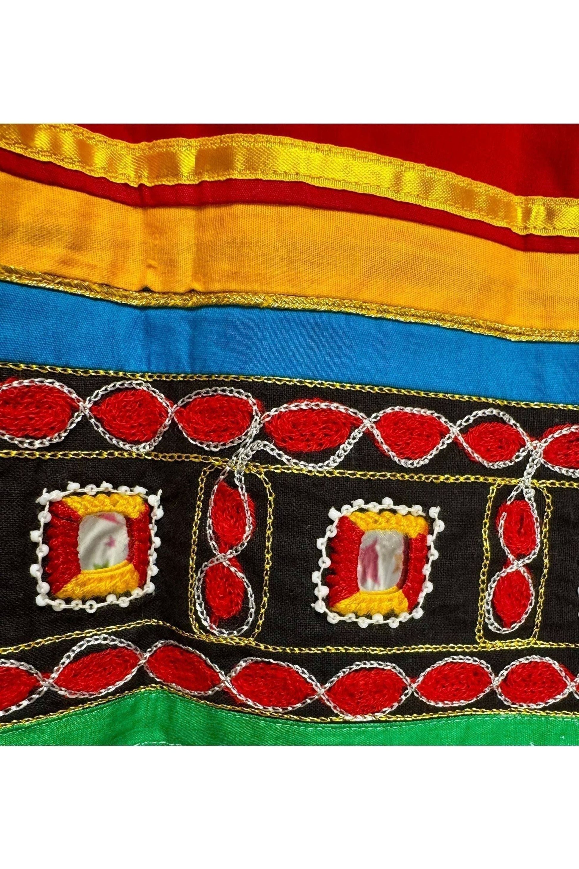 1970s Vintage Handmade Red Skirt with Mirror Accents – Banjara-Inspired Embroidery