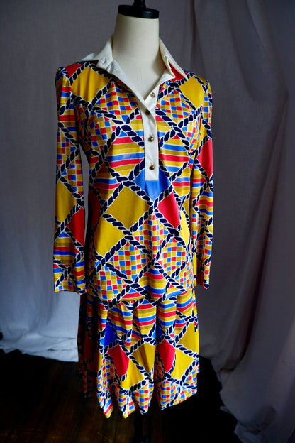 1970s Vintage Wilroy Traveler Skirt Set with Belt – Geometric Print M