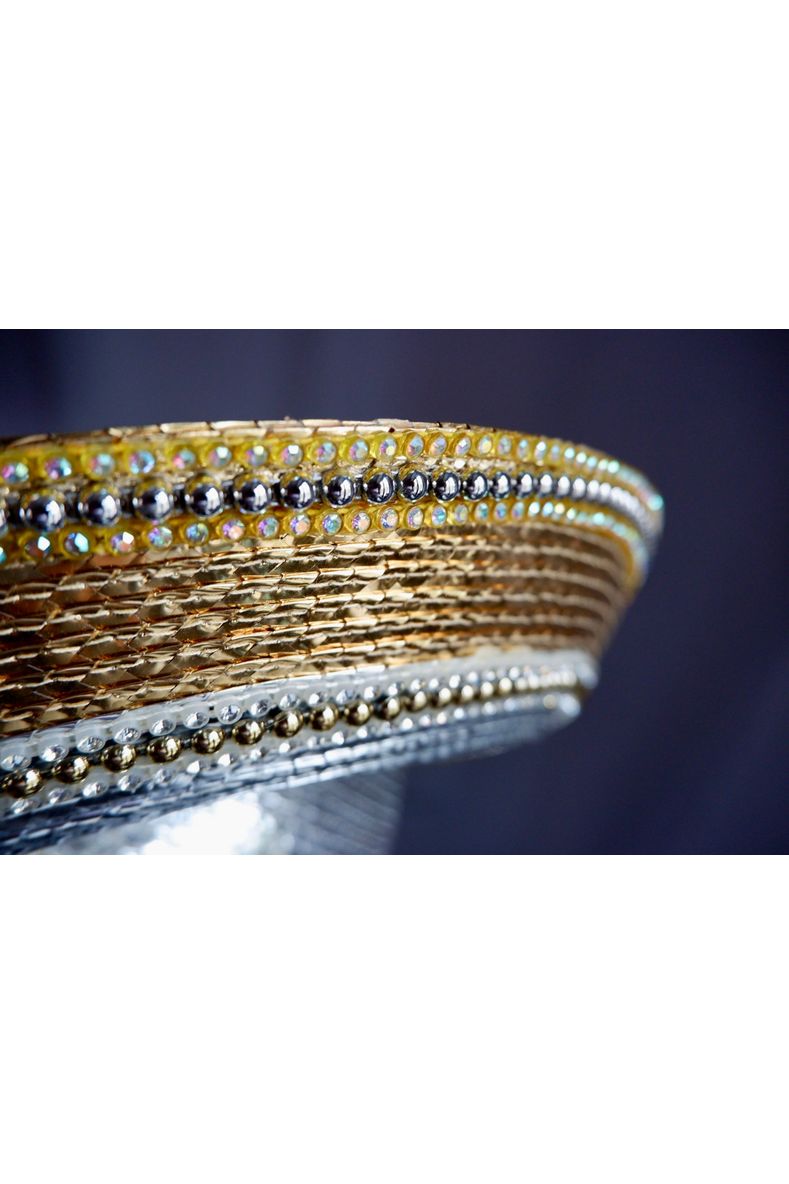 Vintage Jack McConnell Couture Red Feather Hat – Layered Metallic Straw with Rhinestone Detail

