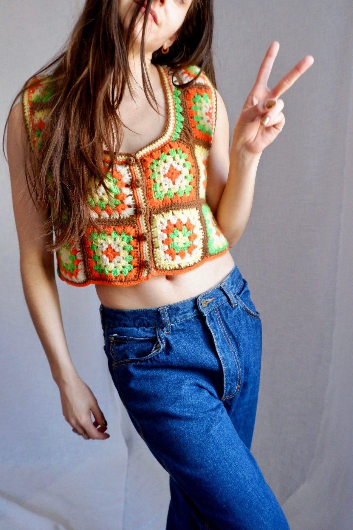 1970s Vintage Handmade Crochet Granny Square Vest – Bold Colors, Boho Style, Small