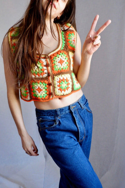 1970s Vintage Handmade Crochet Granny Square Vest – Bold Colors, Boho Style, Small