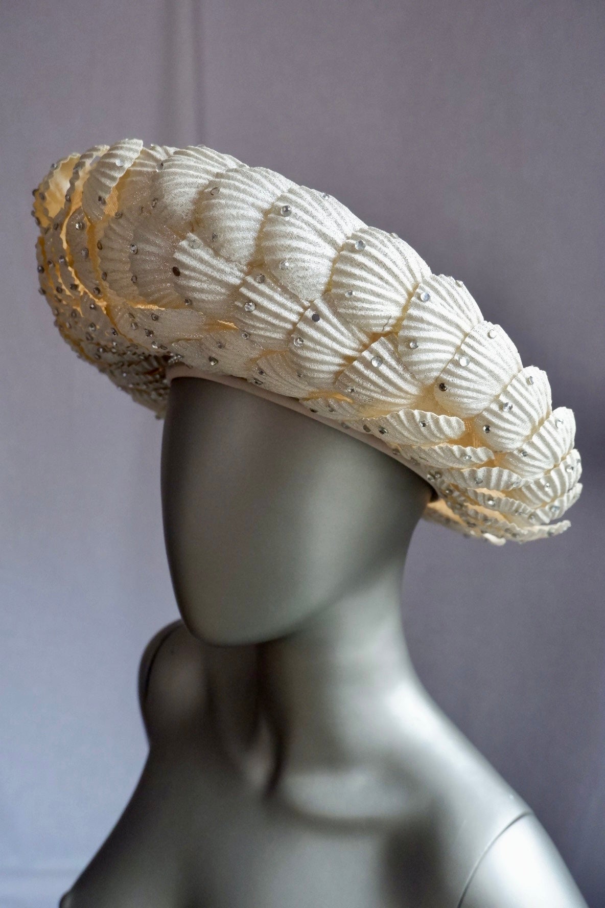 Vintage Jack McConnell Red Feather Hat – Sculpted Straw with Faux Rhinestone Seashell Design

