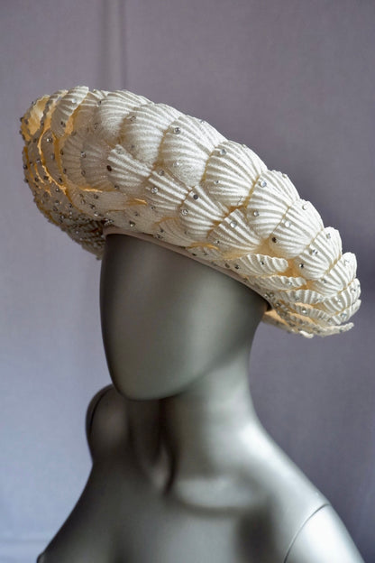Vintage Jack McConnell Red Feather Hat – Sculpted Straw with Faux Rhinestone Seashell Design

