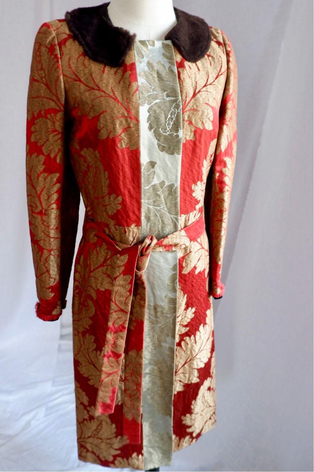 Early 2000s Red and Gold Brocade Jacket with Shearling Collar S/M