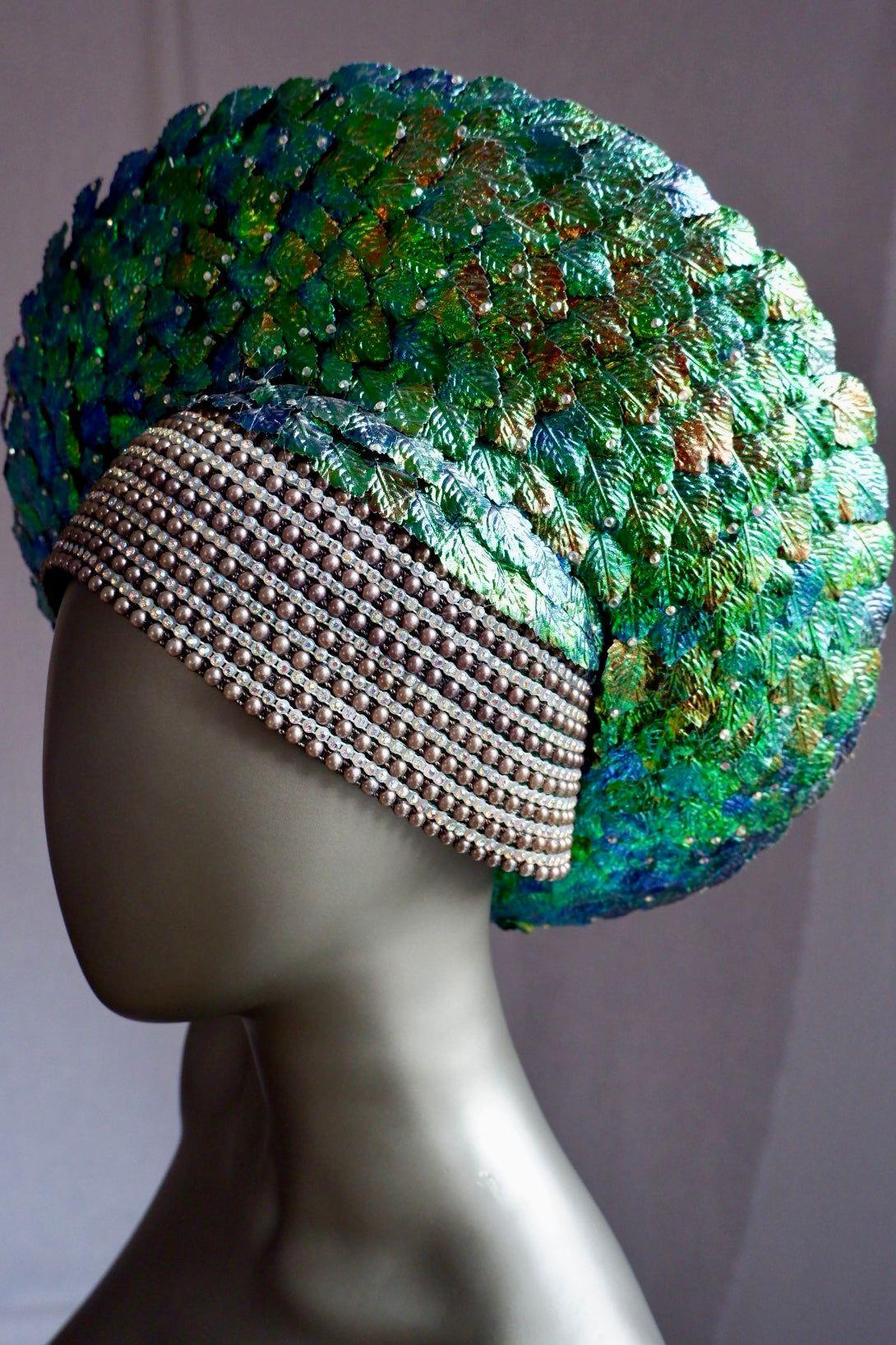 Vintage George Zamau’l Beaded Hat – Iridescent Green Feathers & Rhinestone Trim

