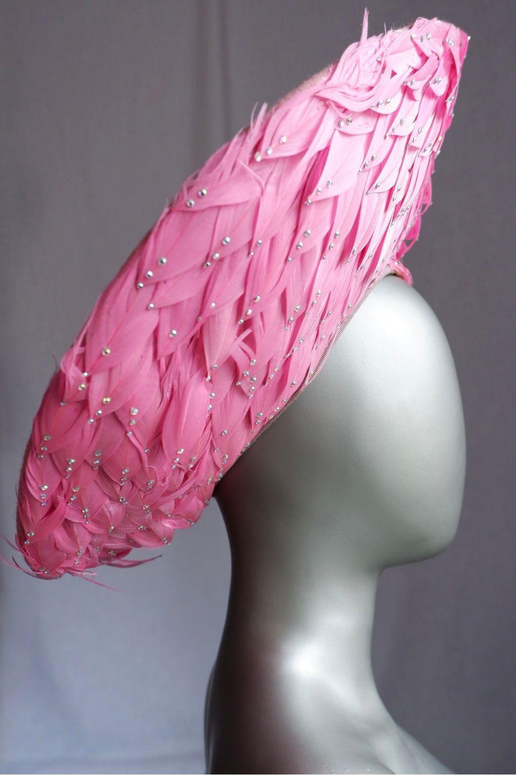 Vintage Jack McConnell Red Feather Hat – Sculpted Pink Feathered Halo with Beaded Accents