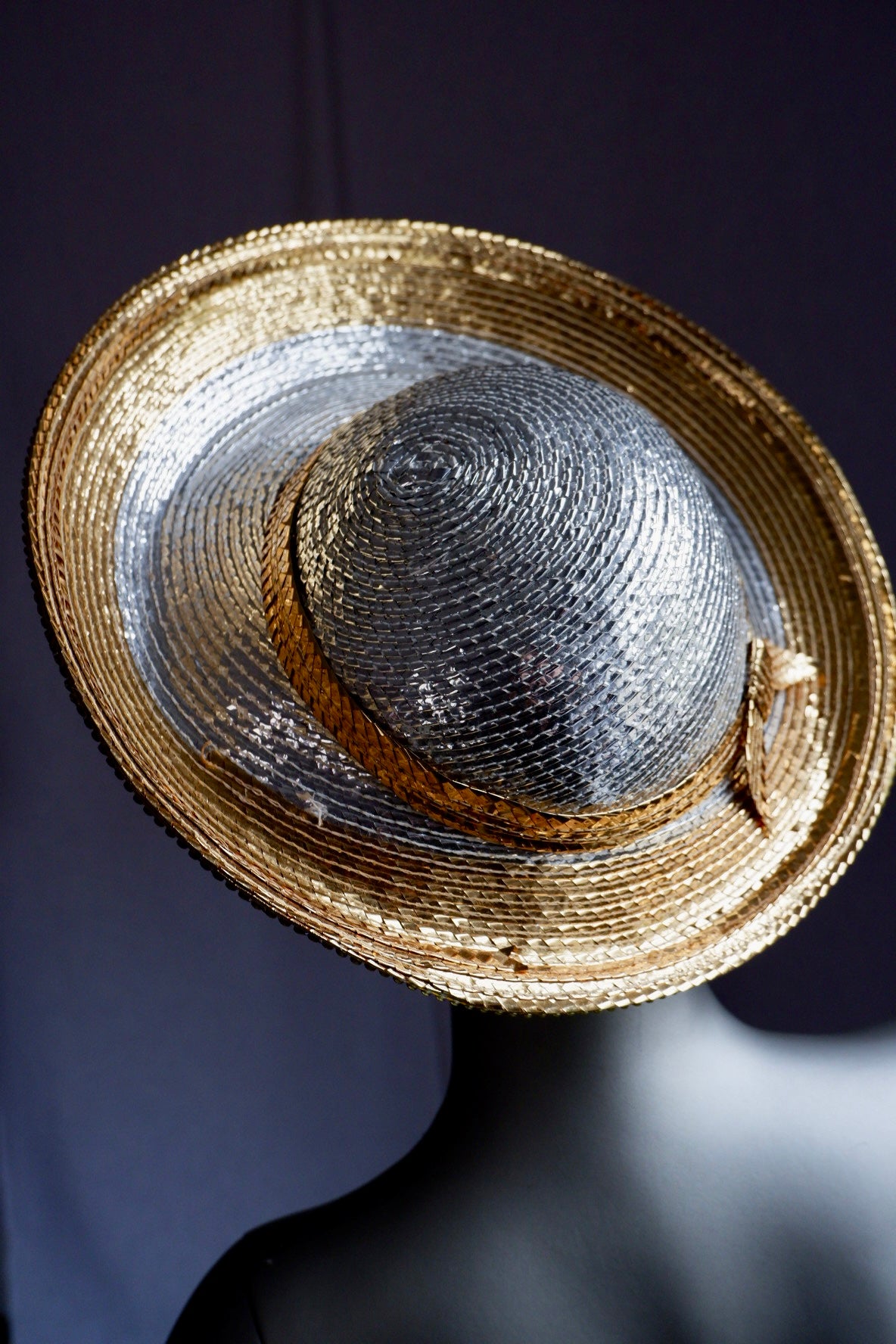 Vintage Jack McConnell Couture Red Feather Hat – Layered Metallic Straw with Rhinestone Detail

