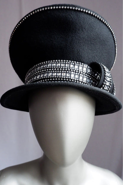 Vintage Tim Crawford Wool Hat – Sculptural Felt with Rhinestone Banding