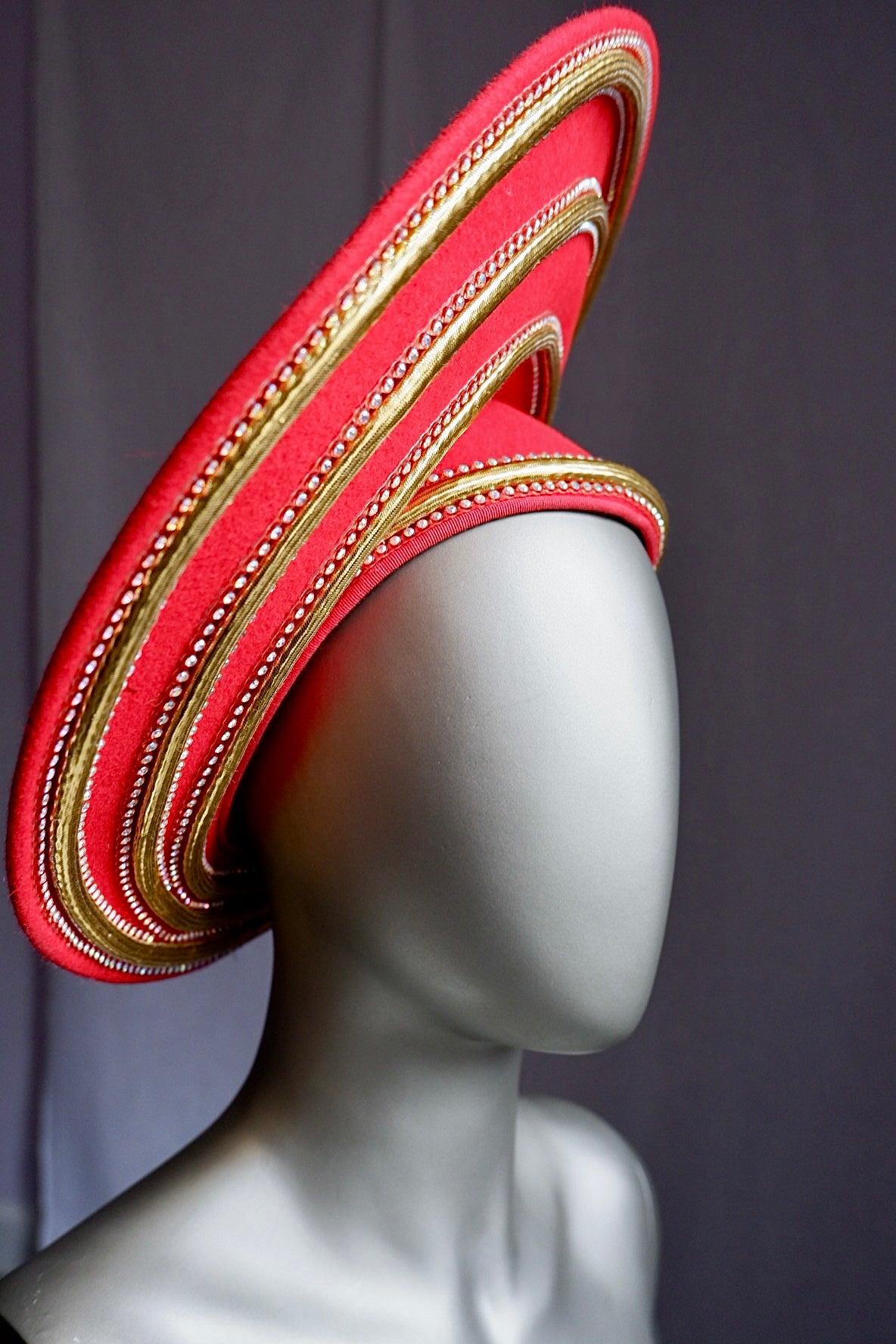 Exquisite Vintage Jack McConnell Red Sculptural Hat – Gold & Pearl Beaded Trim