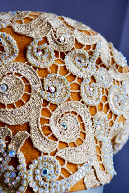 Vintage Jack McConnell Red Feather Hat – Gold Embroidered Couture Halo with Sequins & Beads