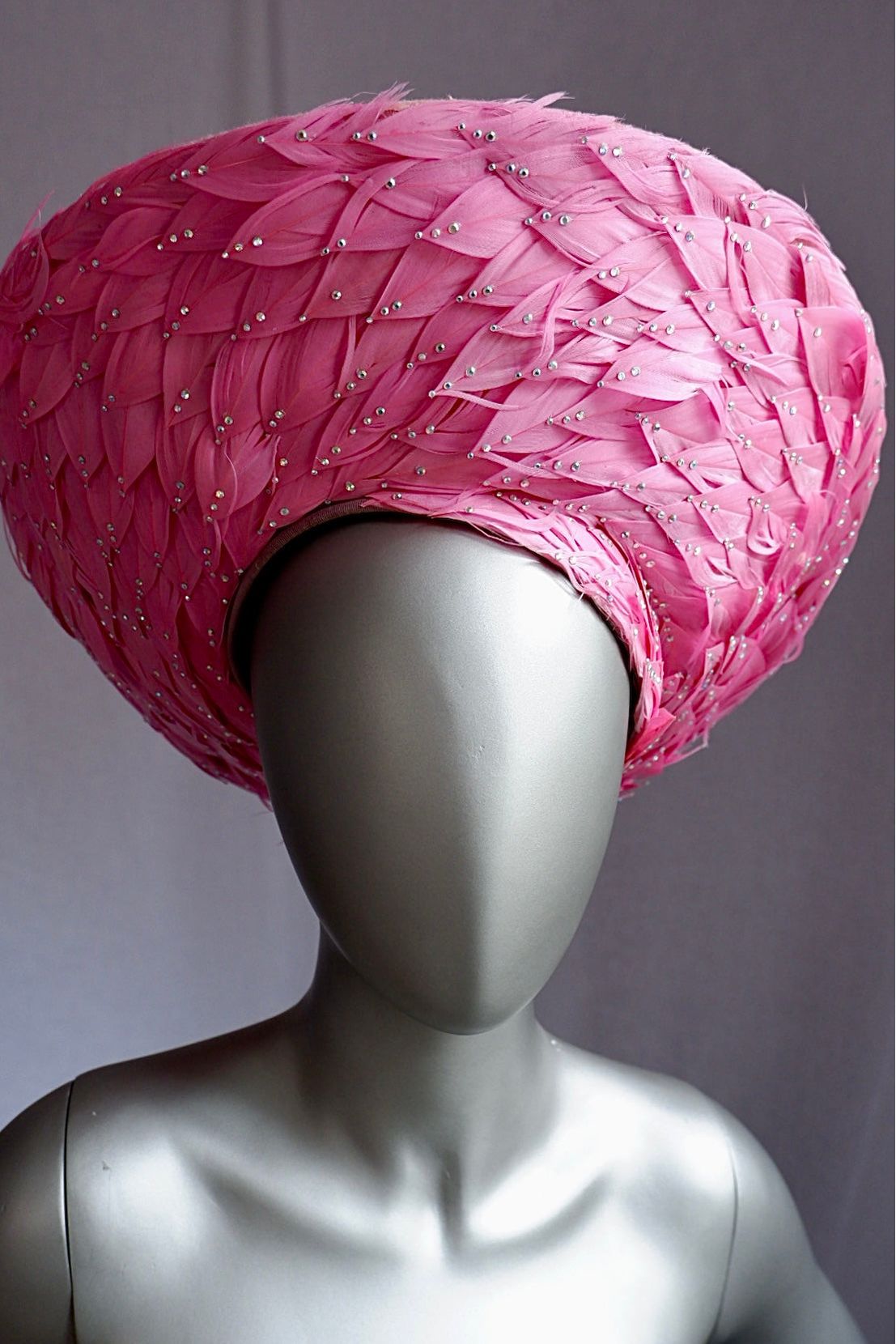 Vintage Jack McConnell Red Feather Hat – Sculpted Pink Feathered Halo with Beaded Accents