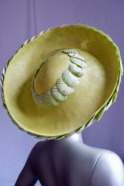 Vintage Jack McConnell Couture Hat – Sculpted Green Seashell Crown with Rhinestones & Pearl Band