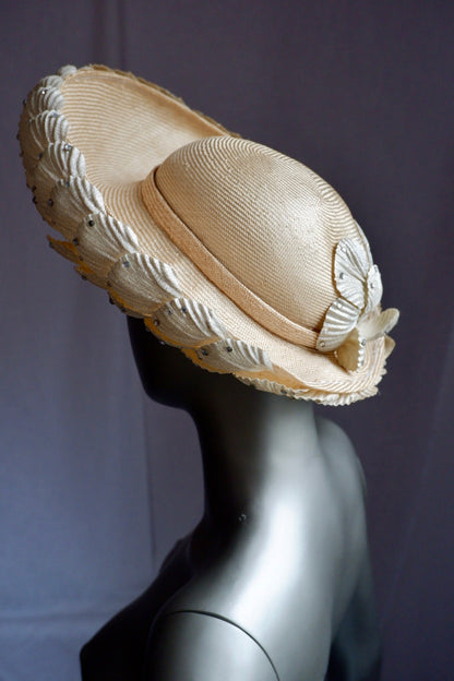 Vintage Jack McConnell Red Feather Hat – Sculpted Straw with Faux Rhinestone Seashell Design


