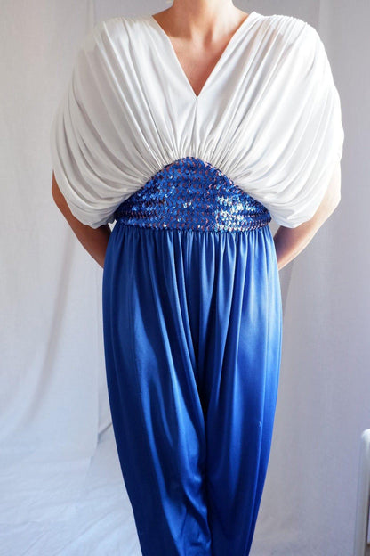 1970s/80s Draped Sequin Jumpsuit – Studio 54 Meets Goddess Glam L-XXL