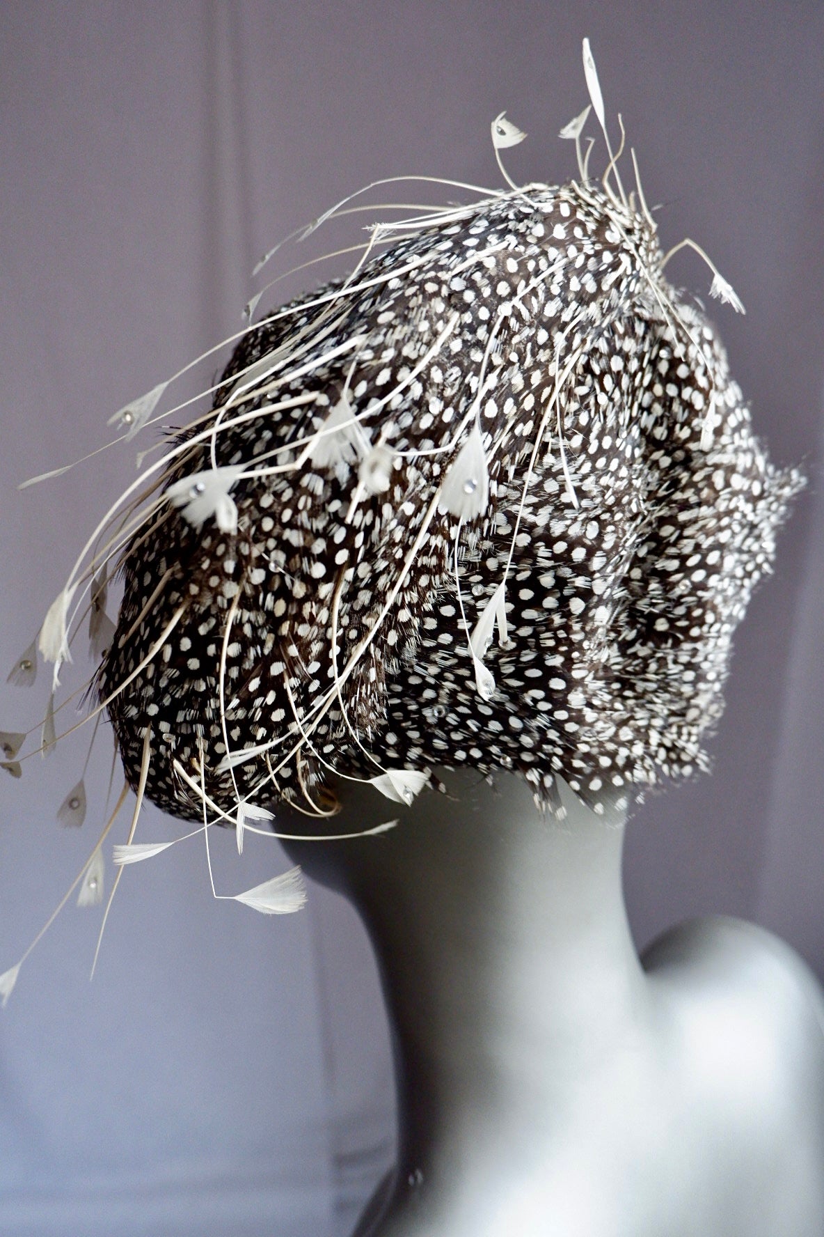 Vintage Jack McConnell Red Feather Hat – Guinea Feather Shell with Sculpted Quill Sprays