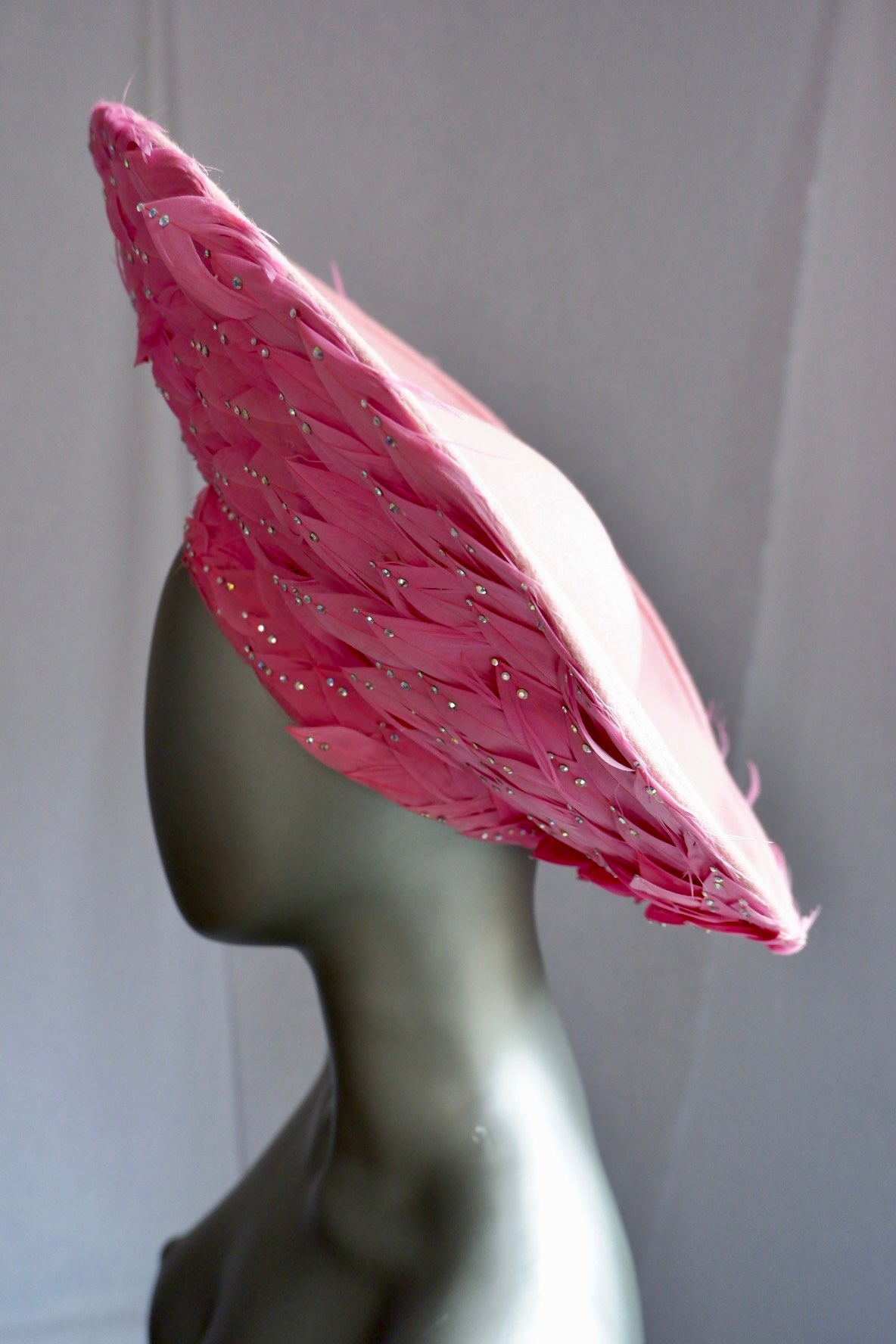Vintage Jack McConnell Red Feather Hat – Sculpted Pink Feathered Halo with Beaded Accents