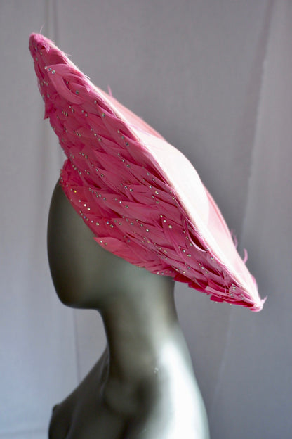 Vintage Jack McConnell Red Feather Hat – Sculpted Pink Feathered Halo with Beaded Accents