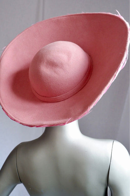 Vintage Jack McConnell Red Feather Hat – Sculpted Pink Feathered Halo with Beaded Accents