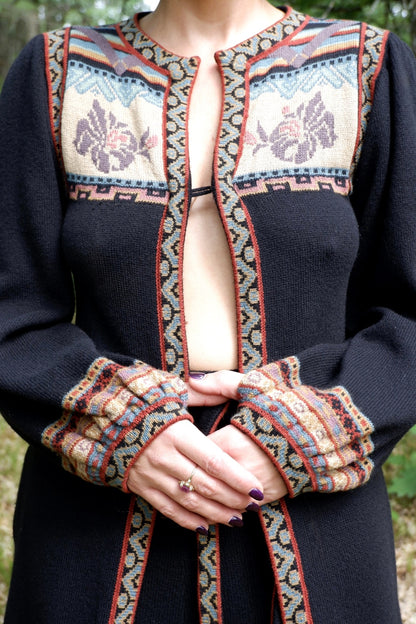 Close-up of the John Ashpool duster's intarsia floral yoke and patterned balloon-sleeve cuffs