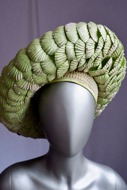 Vintage Jack McConnell Couture Hat – Sculpted Green Seashell Crown with Rhinestones & Pearl Band