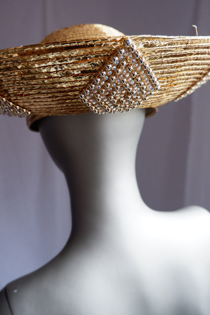George Zamau’l Gold Rhinestone Straw Halo Hat