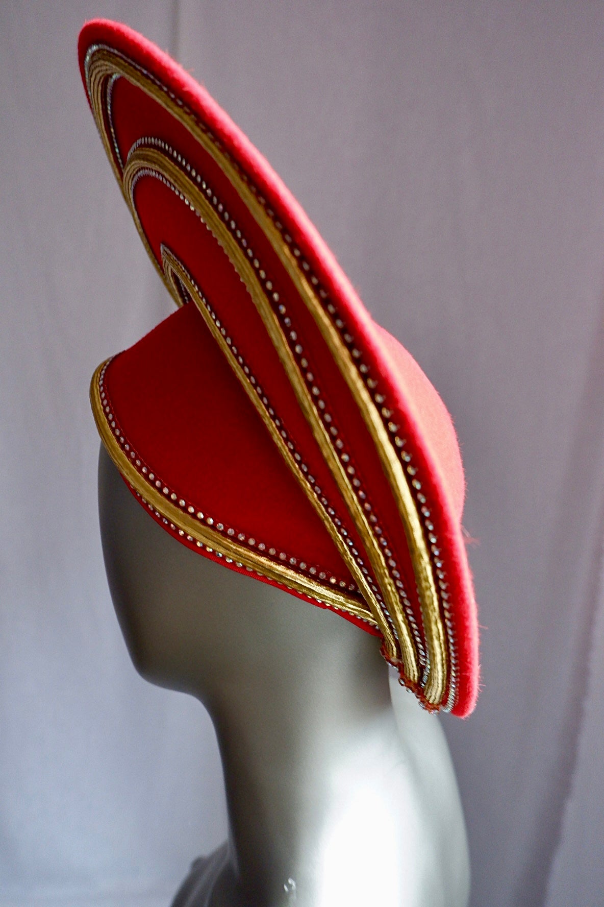 Exquisite Vintage Jack McConnell Red Sculptural Hat – Gold & Pearl Beaded Trim