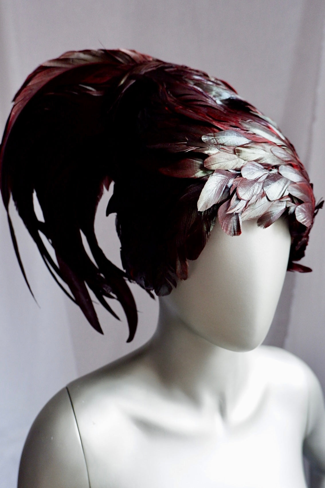 Vintage Jack McConnell Feathered Avant-Garde Hat – Garnet Coque & Goose Plumage with Signature Red Feather