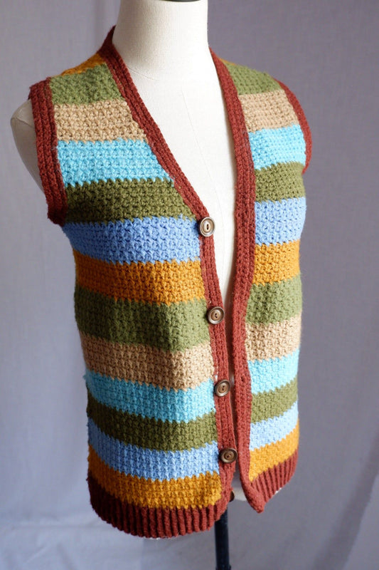 1970s Vintage Hand-Crocheted Striped Vest – Earthy Tones with a Bold Pop S/M