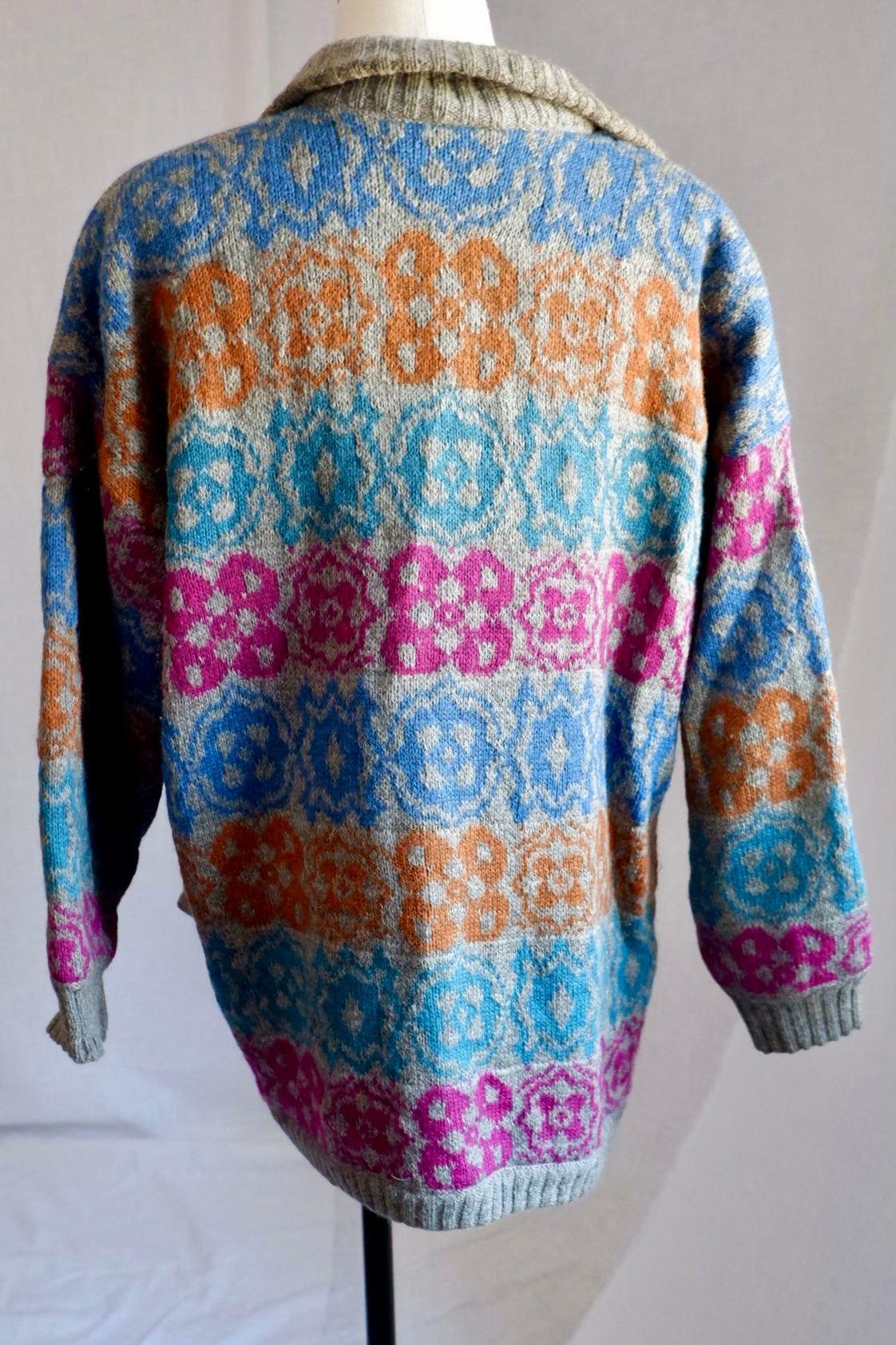 1980s Vintage Escada Bold Patterned Wool Cardigan by Margaretha Ley M/L