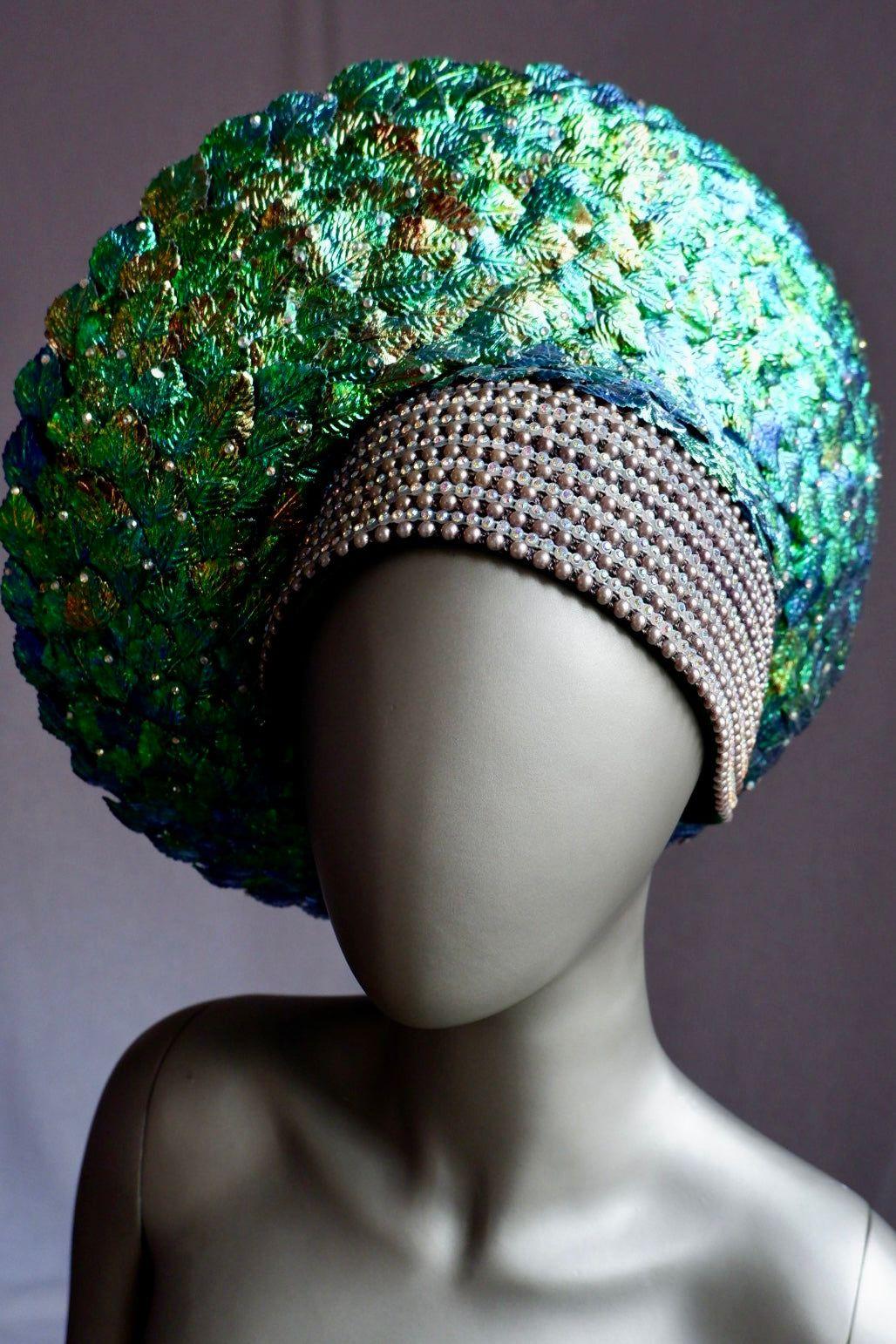Vintage George Zamau’l Beaded Hat – Iridescent Green Feathers & Rhinestone Trim

