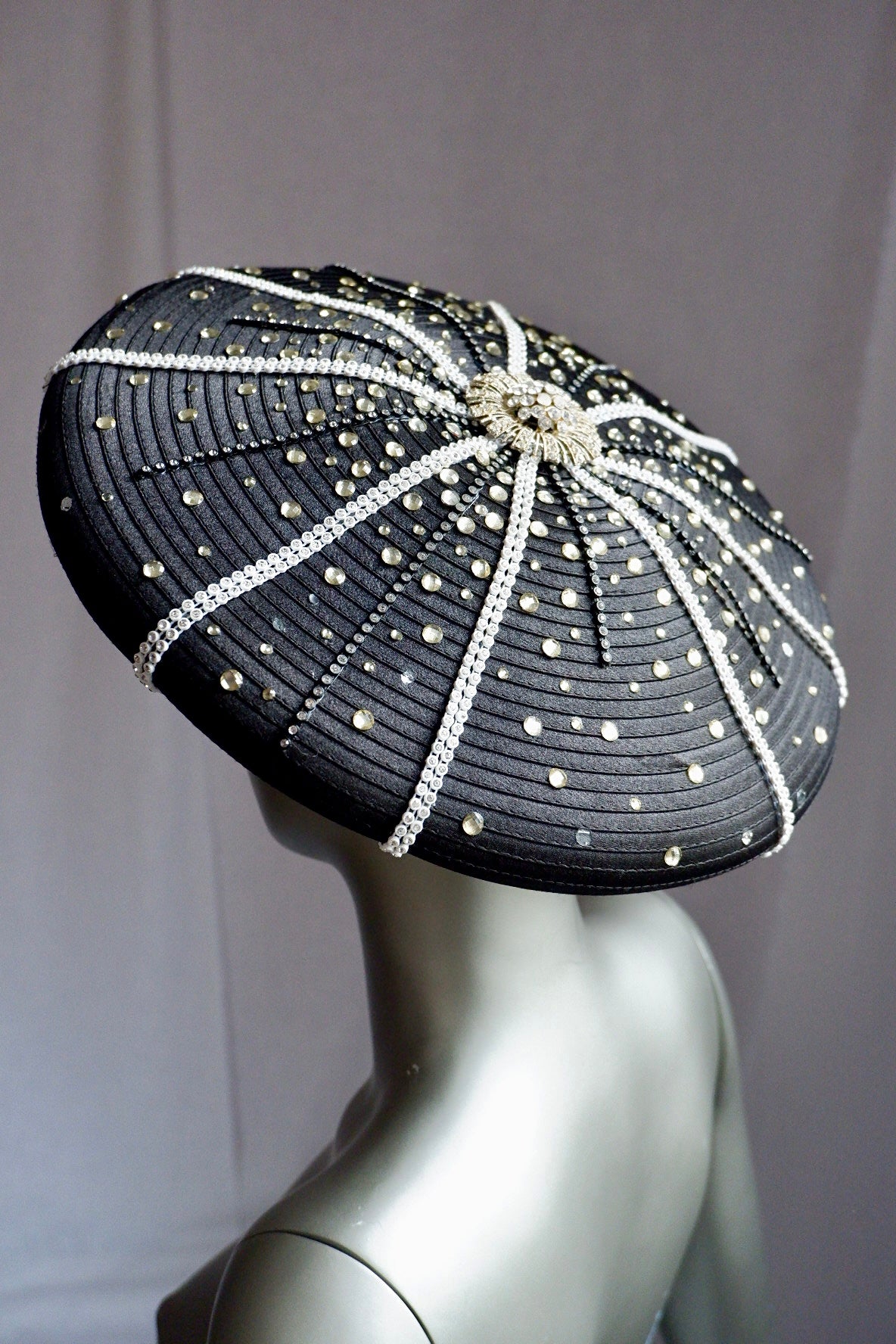 Vintage Sculptural Black Hat with Rhinestone Sunburst & Pearl Trim