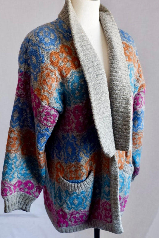 1980s Vintage Escada Bold Patterned Wool Cardigan by Margaretha Ley M/L