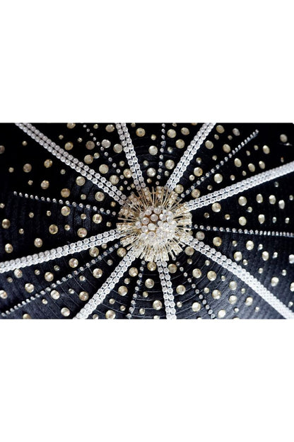 Vintage Sculptural Black Hat with Rhinestone Sunburst & Pearl Trim
