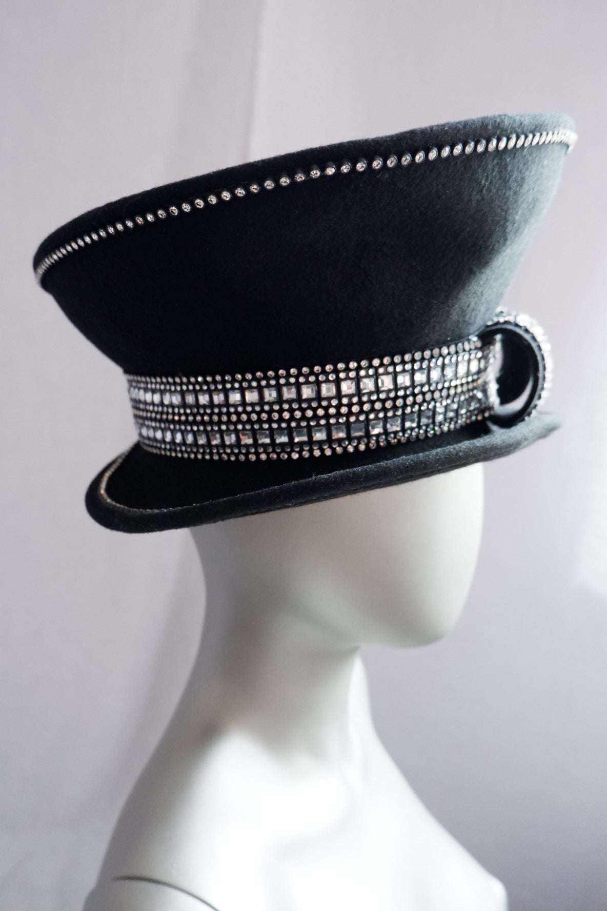 Vintage Tim Crawford Wool Hat – Sculptural Felt with Rhinestone Banding