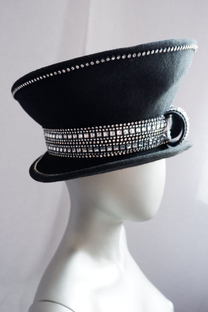 Vintage Tim Crawford Wool Hat – Sculptural Felt with Rhinestone Banding