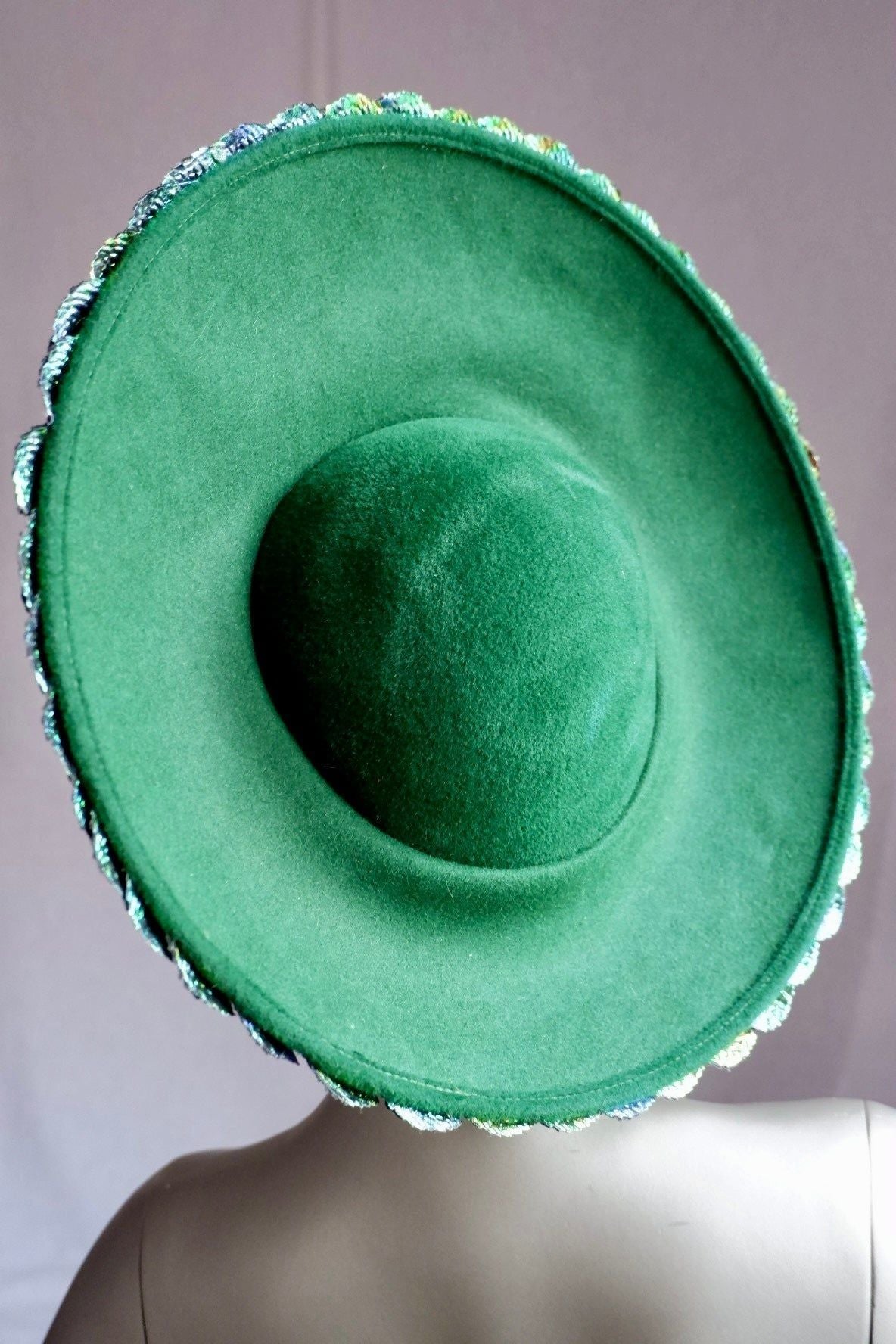 Vintage George Zamau’l Beaded Hat – Iridescent Green Feathers & Rhinestone Trim

