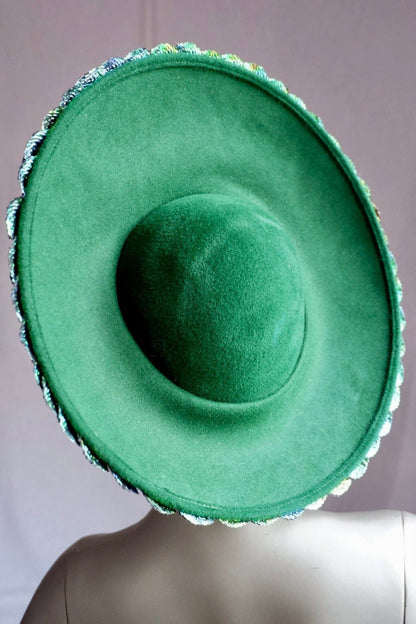 Vintage George Zamau’l Beaded Hat – Iridescent Green Feathers & Rhinestone Trim

