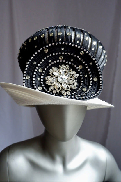 Vintage Elite Champagne Dramatic Ribbon Crown Hat – Rhinestone Embellishments & Oversized Crystal Bloom