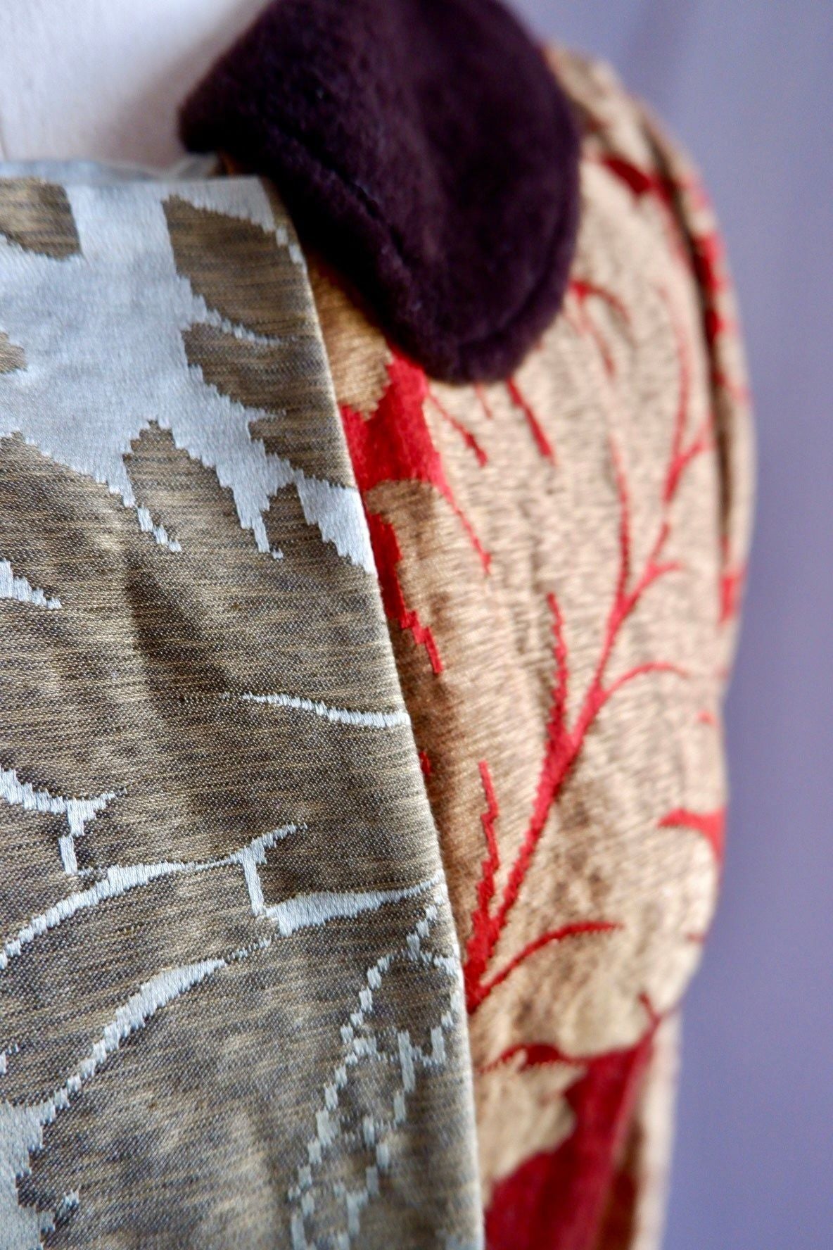 Early 2000s Red and Gold Brocade Jacket with Shearling Collar S/M