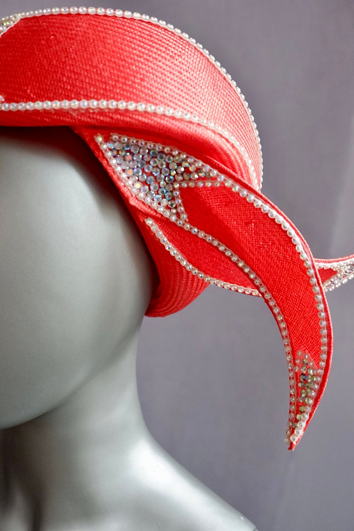 Deadstock Vintage Jack McConnell Couture Hat – Sculptural Red with Rhinestone Flame Trim
