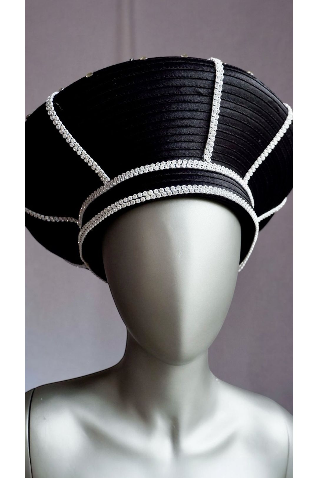 Vintage Sculptural Black Hat with Rhinestone Sunburst & Pearl Trim
